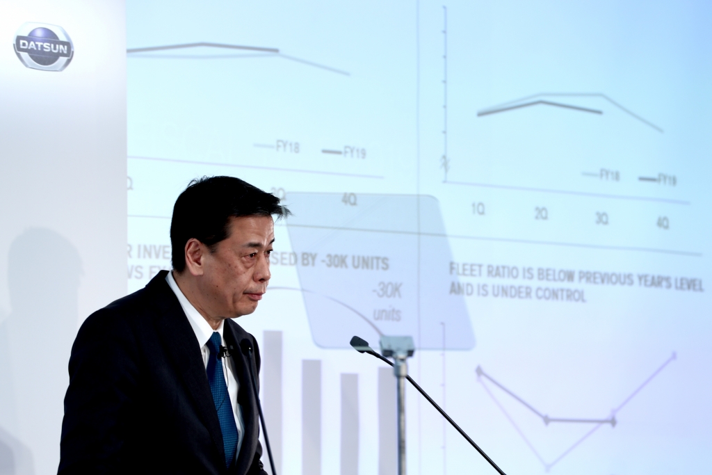 우치다 마코토(內田誠) 닛산 사장 겸 최고경영자(CEO)가 13일 요코하마(橫浜)시에서 기자회견을 열고 있다. /사진=AFP