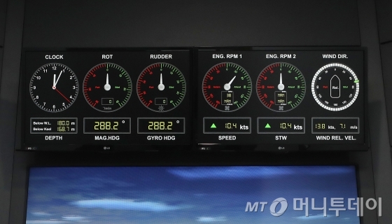 한국도선안전교육연구센터 내 도선시물레이터. 시간과 배의 속도 및 엔진회전수, 풍속·풍향계 등 각종 정보를 알려주는 계기판이 보인다. / 사진=김휘선 기자 hwijpg@