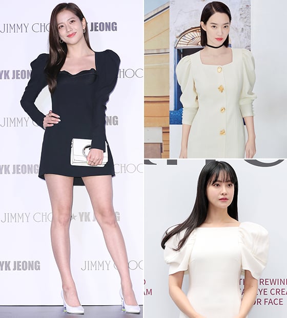 퍼프 소매 원피스를 선택한 그룹 블랙핑크 지수, 배우 신민아, 오연서/사진=뉴스1, 미샤