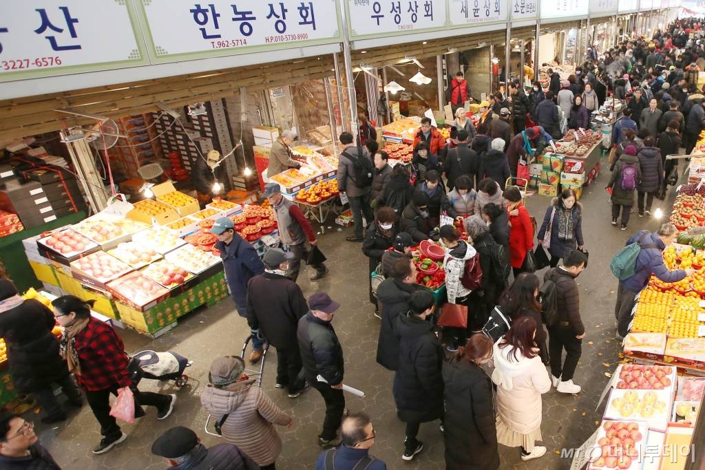 민족대명절 설 연휴를 하루 앞둔 지난달 23일 오후 서울 경동시장을 찾은 시민들이 장을 보고 있다. / 사진=강민석 기자 msphoto94@
