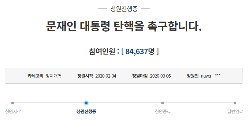 25일 오전 청와대 국민청원 게시판에 따르면 지난 4일 게시된 '문재인 대통령 탄핵을 촉구합니다'라는 제목의 청원에 8만4000여명이 동의했다. /사진=청와대 국민청원 게시판