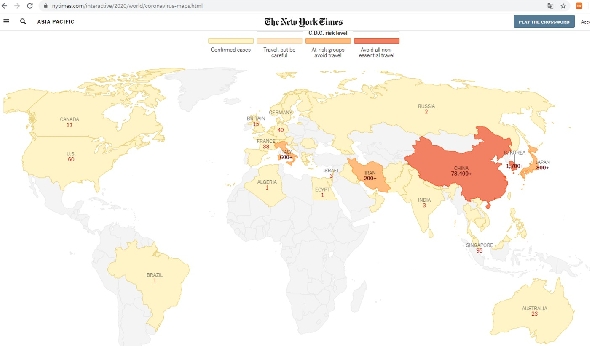 뉴욕타임스 코로나19 현황 지도<NYT웹사이트 갈무리>
