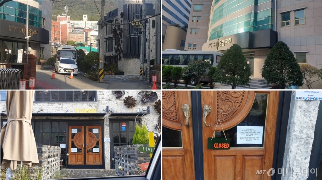 (왼쪽위부터 시계방향) 부산 코로나19 확진자가 첫 발생한 온천교회와 우측에 가까이 붙은 타이레스토랑이 있다. 온천교회 우측 사진, 타이레스토랑 입구, 문에 방역 후 종업원 안전을 위해 잠정 폐쇄한다는 문구가 걸려 있는 상태로 가게문이 닫혀 있다. /사진=오세중 기자