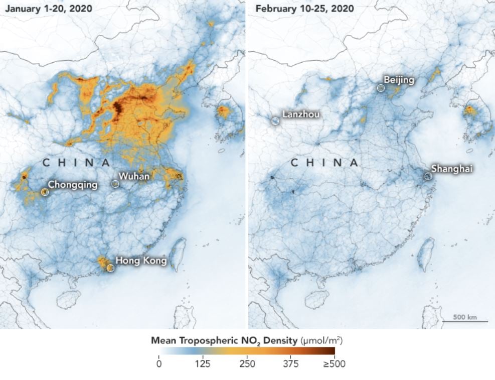 지난 1~2월 찍힌 중국 대기 중 이산화질소 농도 위성사진 /사진=NASA