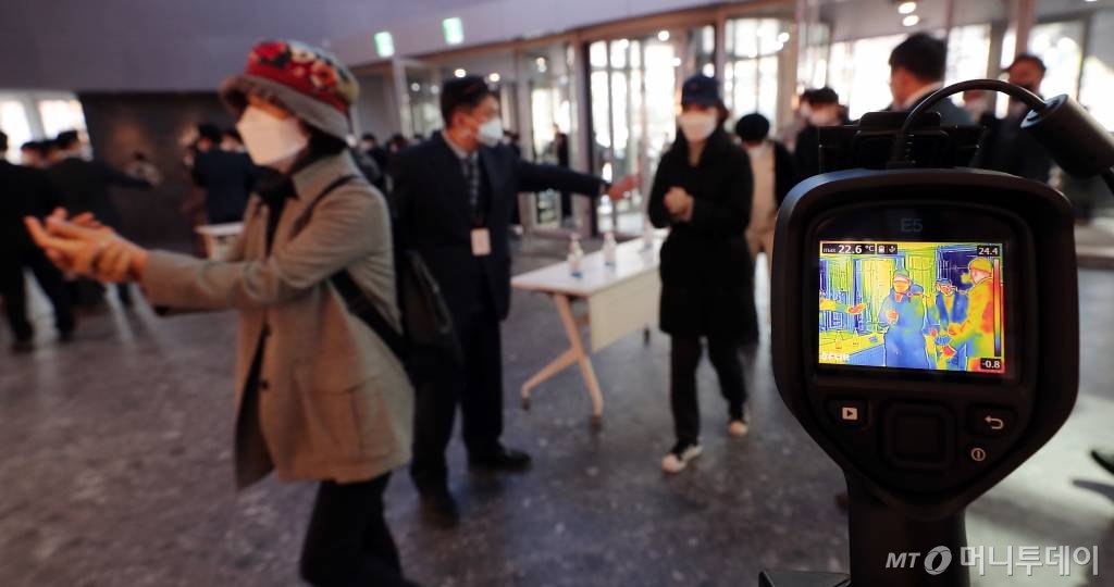  코로나19 확산이 지속되고 있는 가운데 2일 오전 오픈한 경기 수원 갤러리아백화점 광교점 입구에서 관계자들이 체온 측정을 하고 있다. / 사진=김창현 기자 chmt@