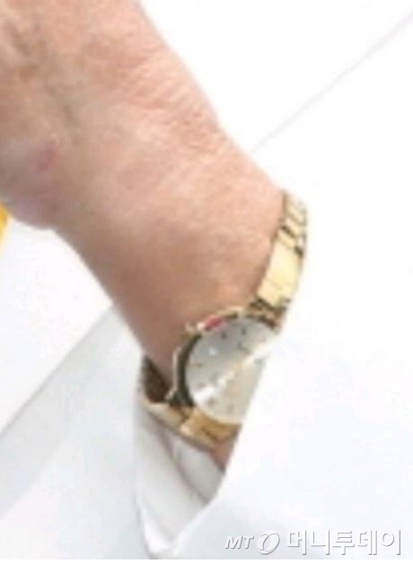 2016년 세계평화선언 3주년 기념행사에서 이만희 총회장의 손목 시계 사진 확대./뉴스1