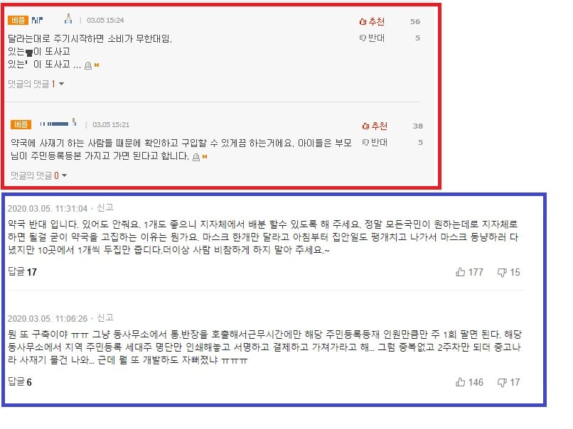 마스크 구매 제한 대책에 대한 누리꾼 반응. /사진 = 온라인 커뮤니티 갈무리