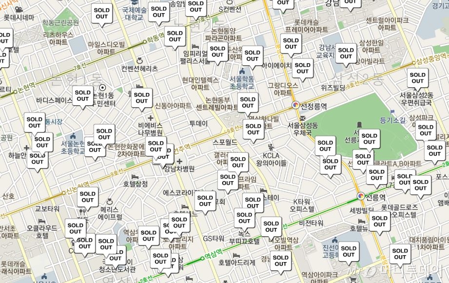 편의점의 마스크 재고 현황을 알려주는 마스크 알리미의 모습. 강남지역에 재고가 없다. /사진=마스크 알리미 캡쳐