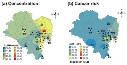 울산시 PAHs 대기오염 지도와 인체 위해도 지도: 불완전 연소로 배출되는 발암물질은 울산을 비롯한 전국에서 검출되고 있으므로 이 물질의 검출 자체보다는 주요 오염원의 위치를 확인하고 실제 노출에 의한 발암 가능성을 파악하는 게 중요하다. 본 연구에서 제시한 기술을 이용하면 오염원 추적과 인체 위해도 평가를 효과적으로 수행할 수 있다/자료=unist