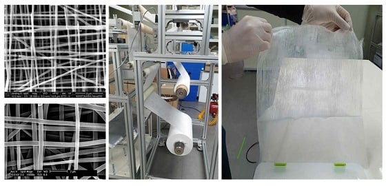 정열된 나노섬유 주사전자 현미경 사진과 롤투롤 나노섬유필터 제조 설비/사진=KAIST