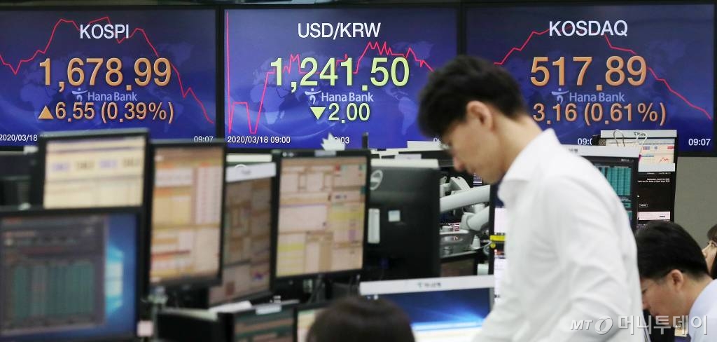 국내 증시가 소폭 상승 출발한 18일 오전 서울 중구 하나은행 딜링룸 전광판에 코스피·코스닥과 원/달러 환율이 표시되고 있다. /사진=김창현 기자