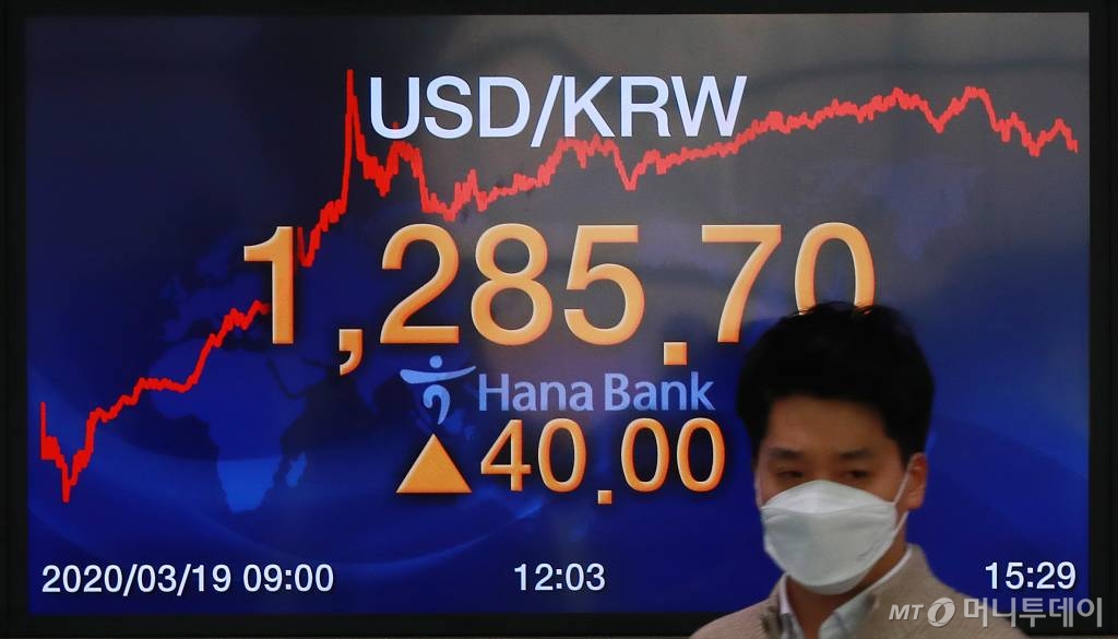 원달러환율이 40원 오른 1,285.7원으로 폭등마감한 19일 오후 서울 중구 하나은행 딜링룸에서 직원들이 업무를 보고 있다. 이날 코스피는 8.39% 급락한 1,457.64p, 코스닥은11.71% 하락한 428.35p로 마감했다. / 사진=이동훈 기자 photoguy@