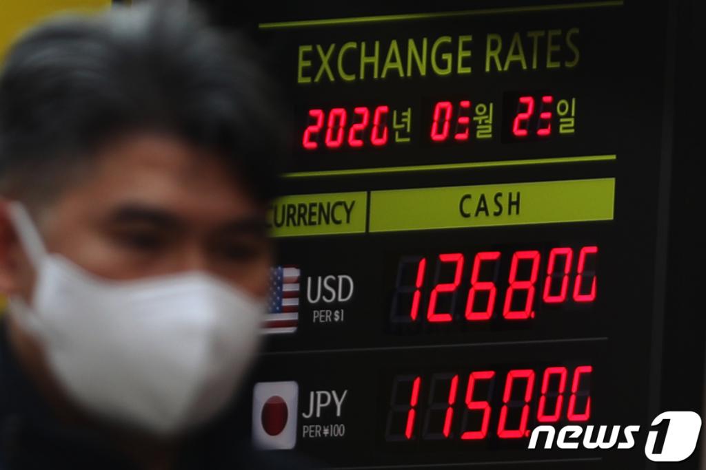 (서울=뉴스1) 황기선 기자 = 신종 코로나바이러스 감염증 (코로나19) 여파로 원·달러 환율이 급등한 23일 서울 중구 명동의 한 환전소 안내판에 환율이 1268.00원을 나타내고 있다. 2020.3.23/뉴스1