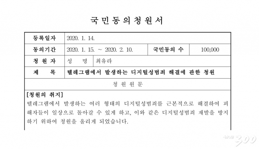 대표 청원자가 제출한 국민동의청원서