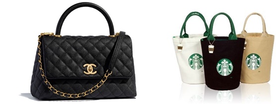 (왼쪽) 샤넬 코코핸들백은 466만원 (오른쪽) 스타벅스 로고가 새겨진 에코백은 온라인 쇼핑몰에서 보통 1만원 정도 가격에 팔리고 있다/사진=샤넬 공식 홈페이지, 온라인 쇼핑몰