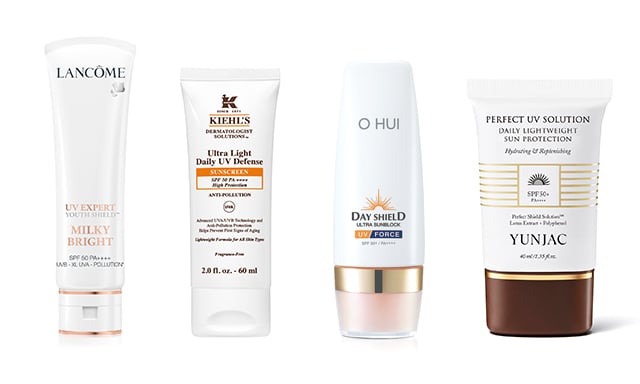 랑콤 'UV 엑스퍼트 밀키 브라이트', 키엘 '울트라 라이트 데일리 유브이 디팬스 썬스크린', 오휘 '데이쉴드 울트라 선블럭 UV 포스', 연작 '데일리 라이트웨이트 선 프로텍션' /사진=각 업체 제공