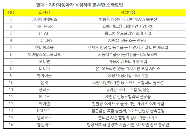 현대차그룹이 육성해 분사한 스타트업. /자료제공=현대차그룹