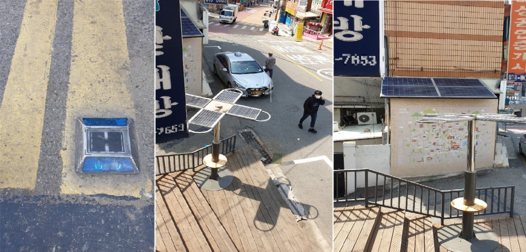 (왼쪽부터) 도로표시등 안에 태양광 집열판이 있는 도로표시등부터 태양광 파라솔, 곳곳의 건물에 있는 태양광 집열판. /사진=오세중 기자
