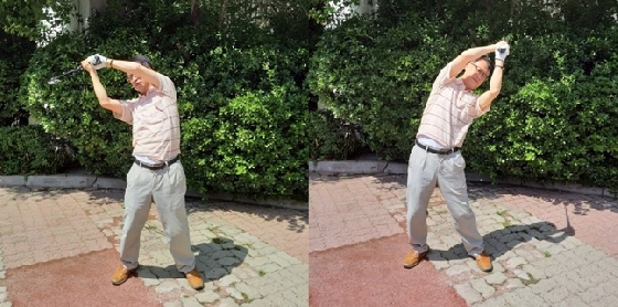 롱 아이언 두 개를 이용해 어깨 힘 푸는 방법. 왼쪽, 오른쪽 횟수를 같이 해야 한다. /사진=필자 제공