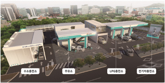 서울 강동구 소재 GS칼텍스 융복합 에너지 스테이션 조감도. 왼쪽은 수소충전소, 가운데는 셀프주유소, 오른쪽은 LPG충전소. /사진제공=GS칼텍스
