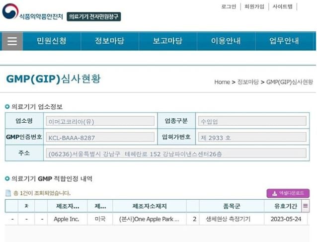 식약처 GMP 심사현황. 애플의 생체현상 측정기기가 GMP인증을 받았다./사진=식약처