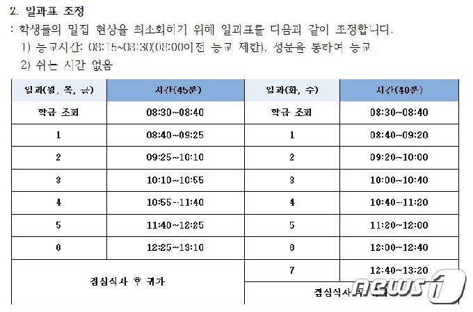 서울 도봉구 한 중학교의 등교 개학 이후 수업 시간표. 쉬는 시간이 전혀 없다.(홈페이지 캡처)/뉴스1 © 뉴스1