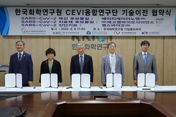 한국화학연구원 CEVI융합연구단 코로나19 치료제 후보물질 기술이전 협약식(왼쪽부터 안전성평가연구소 송창우 소장, 한국화학연구원 이미혜 원장, (주)레고켐바이오사이언스 김용주 대표, 한국파스퇴르연구소 류왕식 소장, 한국한의학연구원 김종열 원장) /사진=한국화학연구원