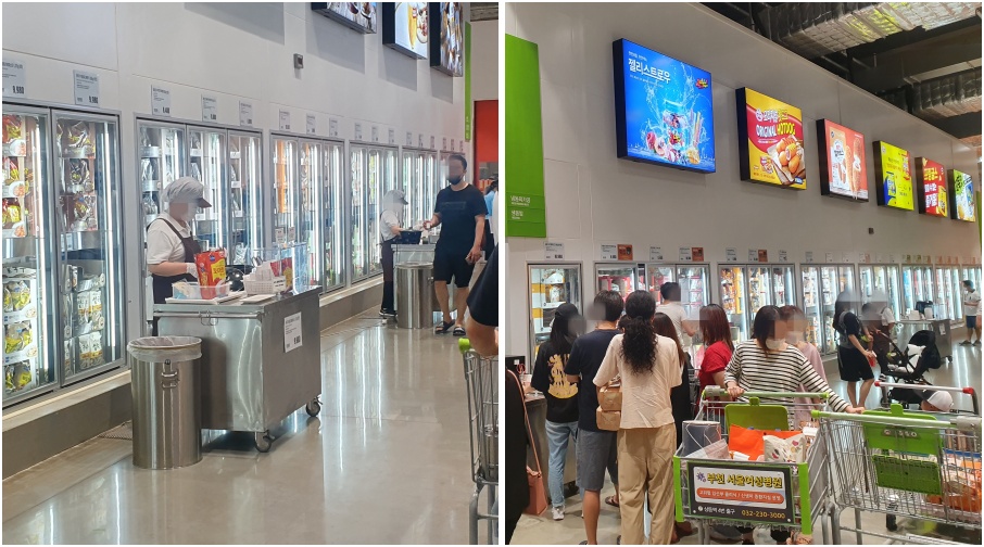 지난 13일 이마트 트레이더스 부천점 냉동·냉장 식품 코너에는 한 라인당 시식 매대가 3~4개 정도 자리 잡아 손님들을 끌었다. 시식을 맛보기 위해 줄을 늘어선 경우도 있었다. /사진=정혜윤 기자