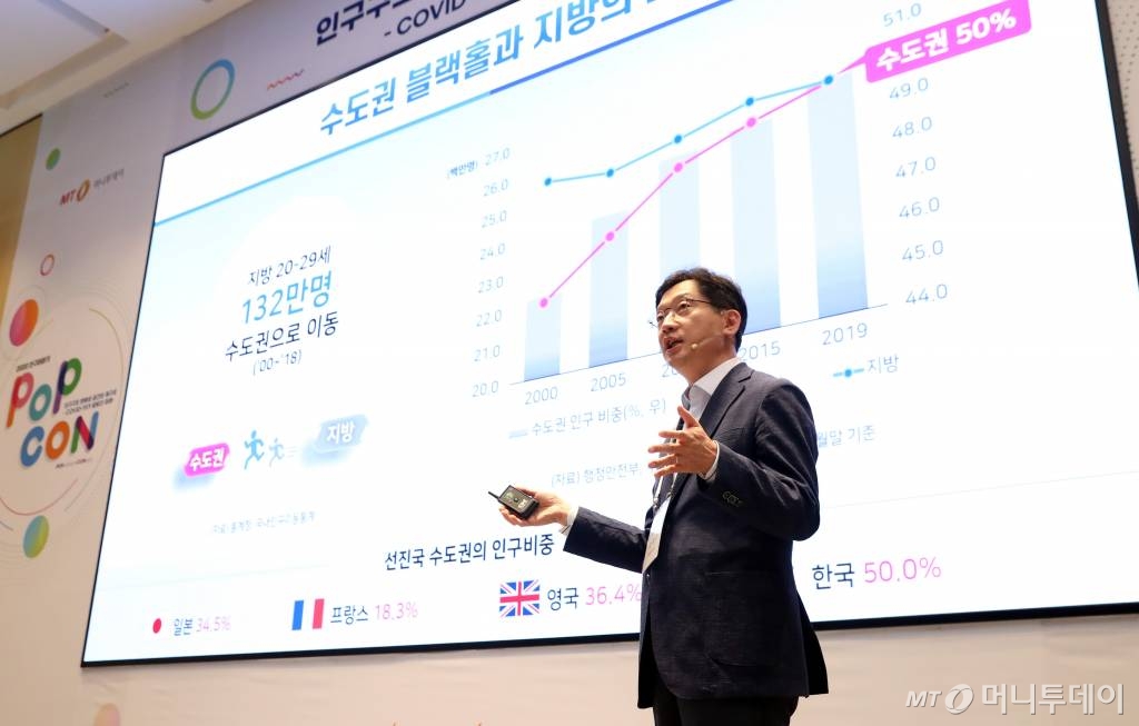 김경수 경남도지사가 17일 오후 서울 송파구 롯데월드타워 Sky31컨벤션에서 열린 머니투데이 주최 '2020 인구이야기 팝콘(PopCon)'에서 '수도권 블랙홀을 넘어설 新공간전략 동남권 메가시티' 주제발표를 하고 있다. / 사진=이기범 기자 leekb@