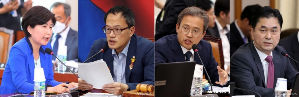 백혜련(왼쪽부터), 박주민, 송기헌, 김종민 등 21대 국회 전반기 법제사법위원회 소속 더불어민주당 의원들. / 사진제공=뉴시스