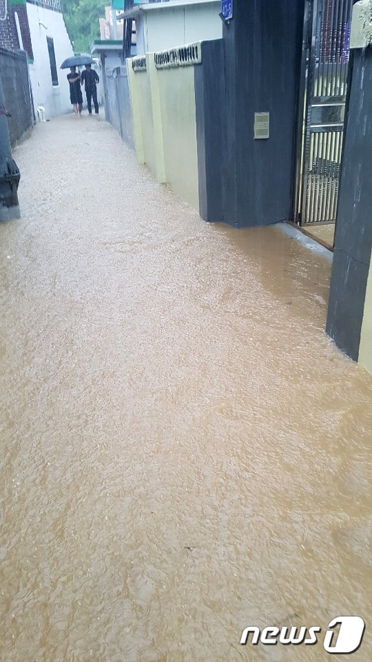 30일 오전 강원 강릉시 연화봉길의 한 집이 폭우로 침수됐다. 이날 오후 1시 기준 강원 누적강수량은 설악동 250.5㎜, 미시령 243.5㎜, 양양(강현) 222㎜, 양양(오색) 193㎜, 강릉성산 182㎜, 강릉 173㎜, 속초(청호) 162.5㎜, 고성(간성) 152.5㎜ 등이다.(독자 제공)2020.6.30/뉴스1 © News1