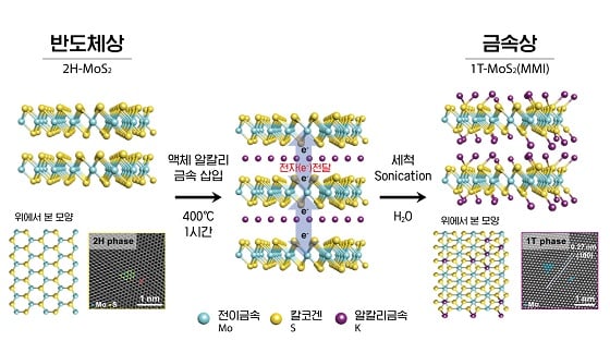 액체 알칼리 금속을 이용해 반도체상 전이금속 칼코겐화합물을 금속상으로 변환. 모세관현상을 통해 반도체상(Phase) 전이금속 칼코겐 화합물(이황화몰리브덴, MoS2) 층간으로 삽입된 액체 알칼리 금속(칼륨, K)이 전자를 공급해 물질은 금속상으로 바꾼다/자료=UNIST