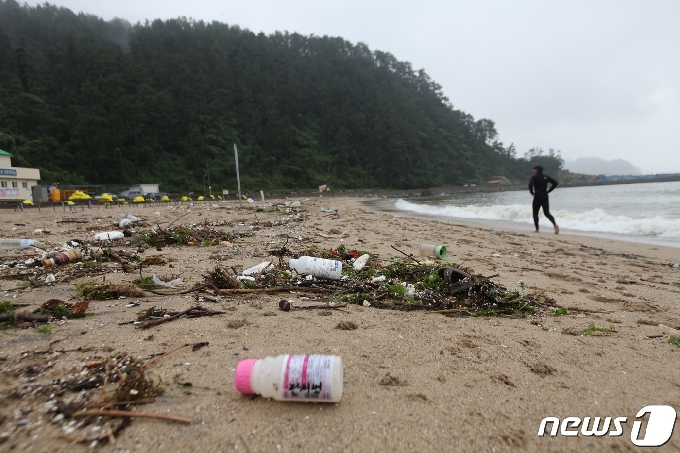 일반적으로 해양쓰레기는 양식장이나 수산업에 사용된 폐스티로폼이나 그물 등 어구들이 대부분이지만 낙동강 상류에서부터 흘러 온 쓰레기는 생활용품이  대부분이다© 뉴스1(최대윤 기자)