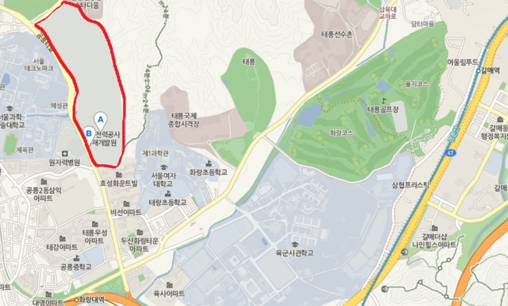 공릉동 한국전력 인재개발원 부지 위치도. 사진 좌측 상단에 붉은색 선으로 표시된 지역이다. /사진=네이버 지도 캡쳐