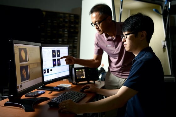 표준연 소재융합측정연구소 이은성 책임연구원(좌), 장정훈 선임연구원(우)이 나노입자 이미지를 관찰하고 있다/사진=표준연