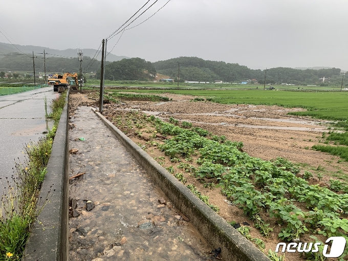 3일 충주시 엄정면 비석마을 앞 농경지에서 피해 복구 작업이 진행 중이다.2020.8.3/© 뉴스1