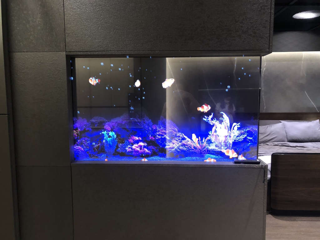 3일 방문한 서울 마곡 LG사이언스파크 LG디스플레이 OLED 쇼룸. 거실에 적용된 투명 OLED 패널에 어항 이미지를 띄워 인테리어 소품으로 활용한 모습. /사진=박소연 기자