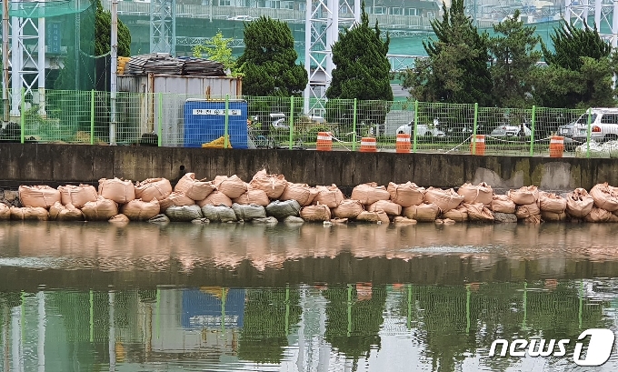 10일 오전 부산 동구의 동천 하구교 인근에 폭우 범람에 대비해 대형 모래주머니가 설치돼 있다.2020.8.10/뉴스1© 노경민 기자