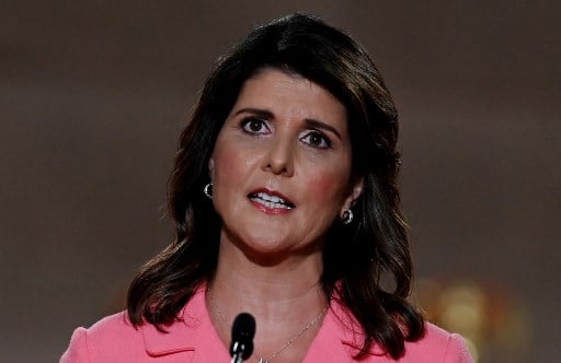 니키 헤일리 전 유엔주재 미국대사가 24일(현지시간) 노스캐롤라이나주 샬럿 컨벤션센터에서 개막한 공화당 전당대회에서 연설하고 있다./사진=AFP