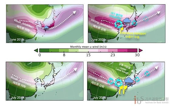 ▲ 그림 4: 장마가 약했던 2019년(왼쪽)과 장마가 강했던 2020년(오른쪽) 6월(위쪽)과 7월(아랫쪽) 상층 대기 바람장 비교. 2020년에는 여름철 상층 제트류(300-hPa 상층 서풍)가 크게 강화되었고, 이에 따라 대기 불안정성이 커져 동쪽으로 빠르게 이동하는 저기압들이 많이 발생하였다. 저기압이 한반도를 통과할 때, 저기압에 따른 남서풍에 의해 열대 습윤 공기가 한반도로 크게 유입될 수 있다. 자료 출처: NCEP/NCAR 재분석 자료.