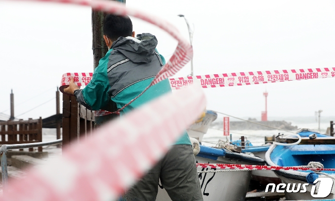 제9호 태풍 '마이삭(MAYSAK)'이 북상 중인 2일 오전 제주 서귀포시 보목동 보목포구 앞바다에서 현장에 출동한 공무원들이 급히 안전띠를 설치하고 있다..2020.9.2/뉴스1 © News1 오미란 기자