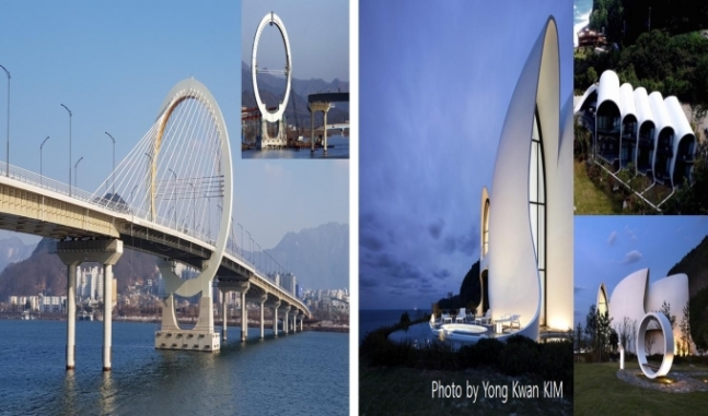 세계 최초 압축강도 180MPa 초고성능콘크리트 도로 사장교인 춘천대교(왼쪽)와 120MPa급 쉘 구조물인 울릉도 힐링스테이 코스모스 리조트. [과기정통부 제공]