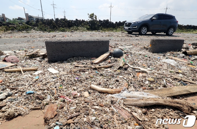 제9호 태풍 '마이삭(MYSAK)'이 지나간 3일 오후 제주시 구좌읍 한 해안도로가 강풍에 떠밀려 온 쓰레기들로 덮여있다.2020.9.3/뉴스1 © News1 오현지 기자