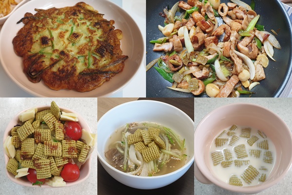 (왼쪽부터 시계방향)첵스파맛을 넣은 파전, 막창구이, 우유, 냉면, 샐러드 /사진=이영민 기자