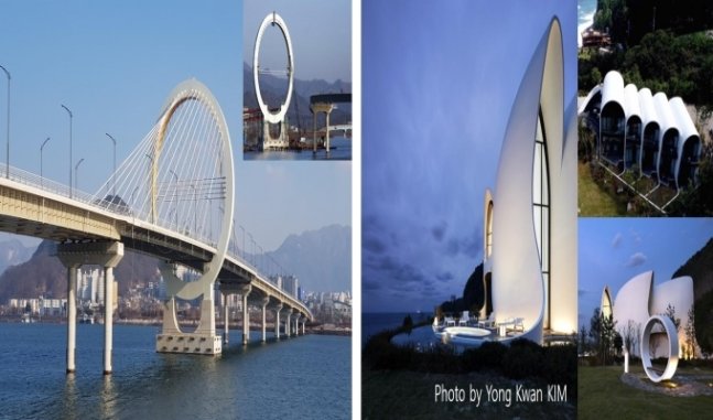 세계 최초 압축강도 180MPa 초고성능콘크리트 도로 사장교인 춘천대교(왼쪽)와 120MPa급 쉘 구조물인 울릉도 힐링스테이 코스모스 리조트. [과기정통부 제공]