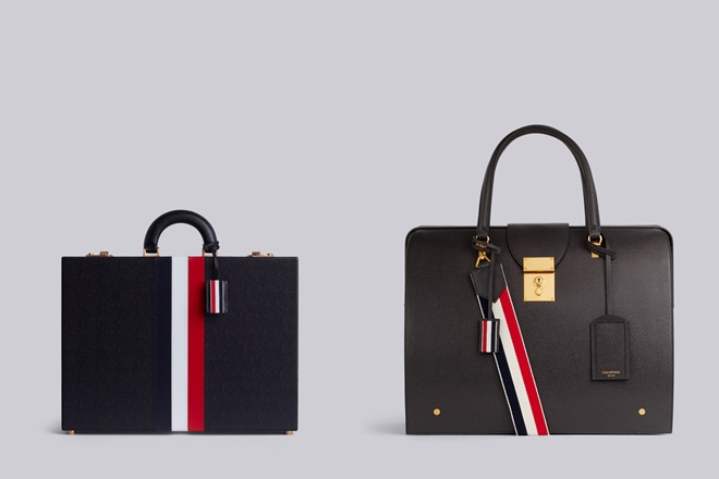 톰브라운의 시그니처 삼색 무늬가 들어간 서류가방들/사진=톰브라운 공식 홈