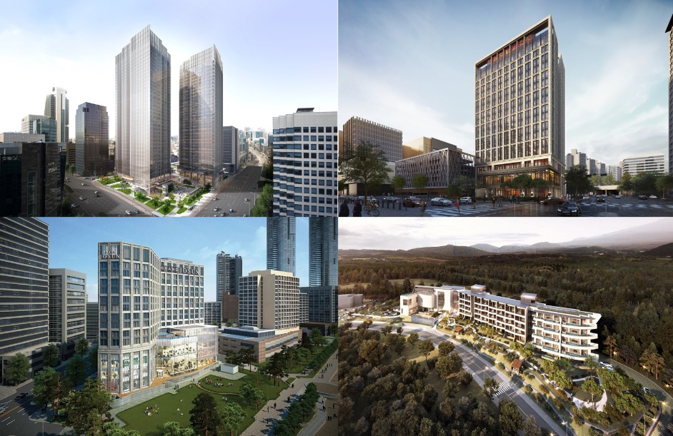 왼쪽 위부터 시계방향으로 조선 팰리스 서울 강남 럭셔리 컬렉션, 그래비티 서울 판교 오토그래프 컬렉션, 그랜드 조선 제주, 그랜드 조선 부산 조감도 ./사진=신세계조선호텔