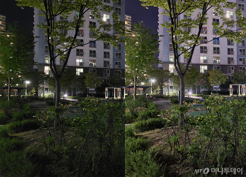 일반촬영(왼쪽)과 야간모드 촬영 비교. /사진=박효주