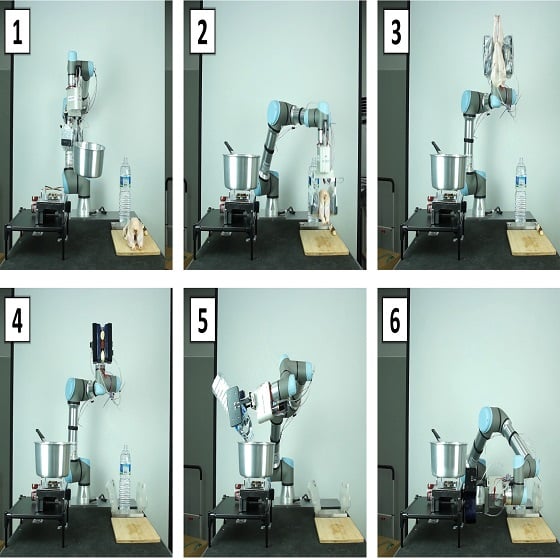 한국기계연구원 로봇메카트로닉스연구실이 집게형 만능 그리퍼를 이용해 생닭을 파지(把持)하여 삼계탕 조리 과정을 시연하고 있다/사진=기계연