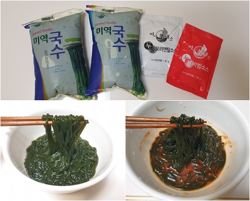 미역국수에 오리엔탈소스(왼쪽), 비빔소스 를 넣은 모습. /사진=이영민 기자